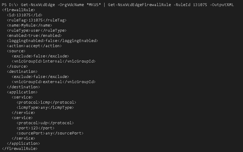 Get-NsxVcdEdgeFirewallRule -OutXML