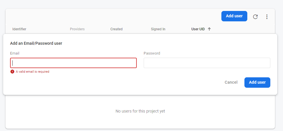 Firebase authentication screen