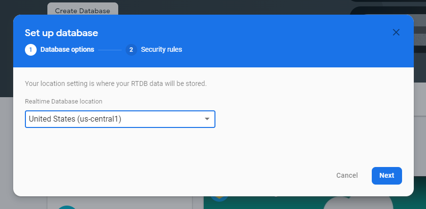 Firebase Database setup screen