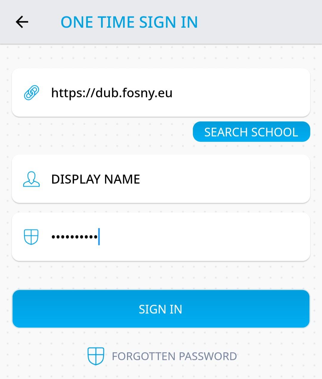 Screenshot of the mobile log-in screen with filled information