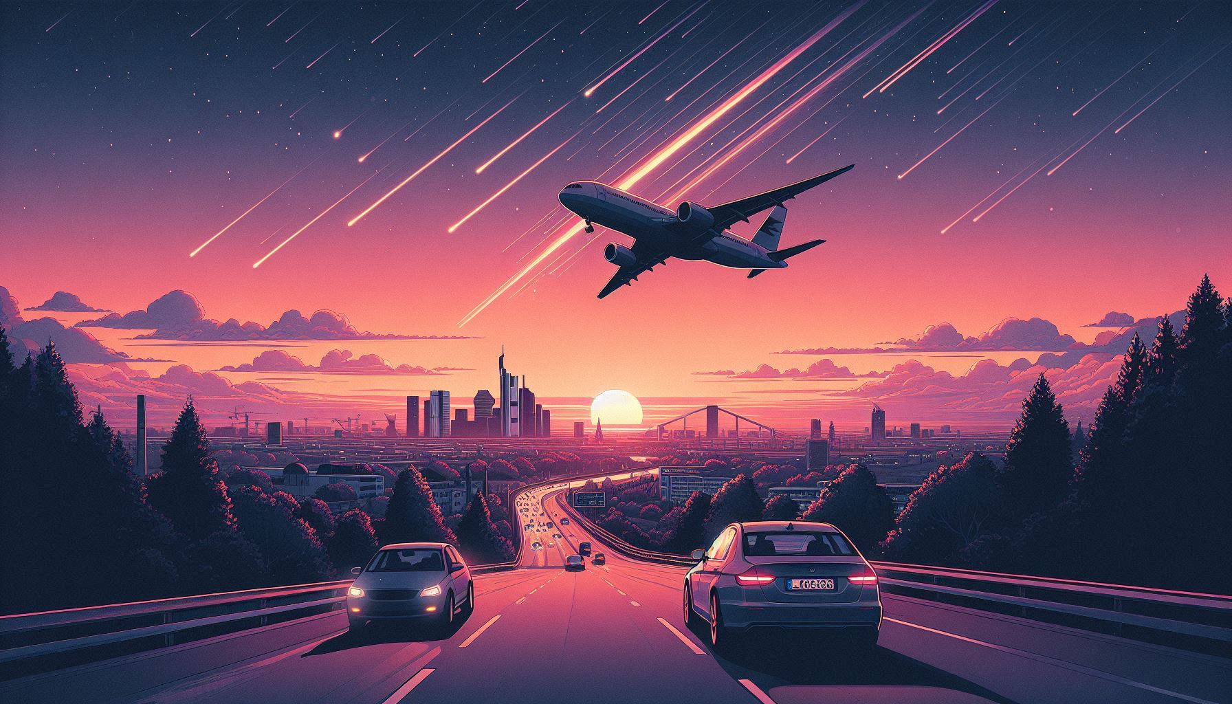 Cars and a plane on a sunset sky