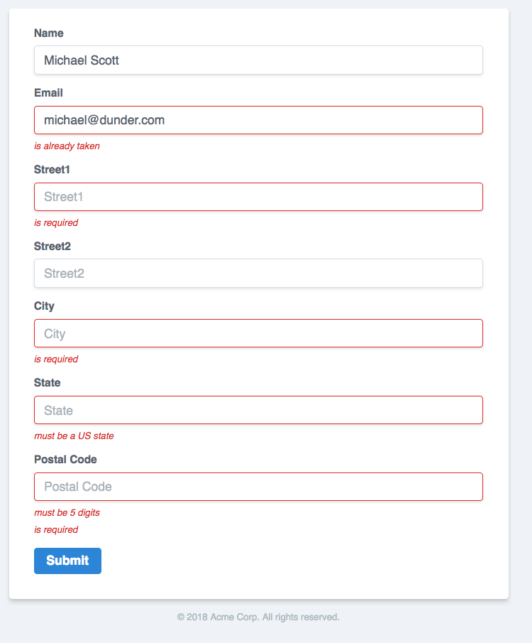 Example output from the forms package with errors