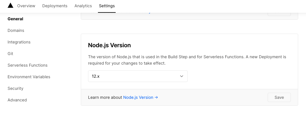 Set your Node version in Vercel to 12.x