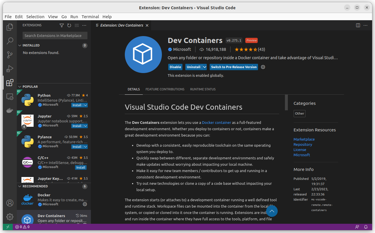 Visual Studio Code after the Dev Containers installation