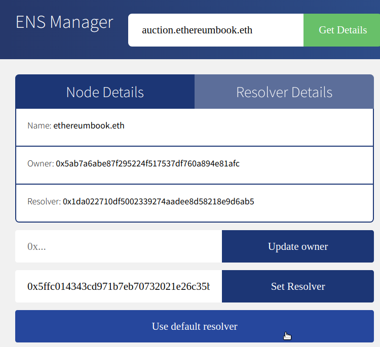 Set the default public resolver for auction.ethereumbook.eth