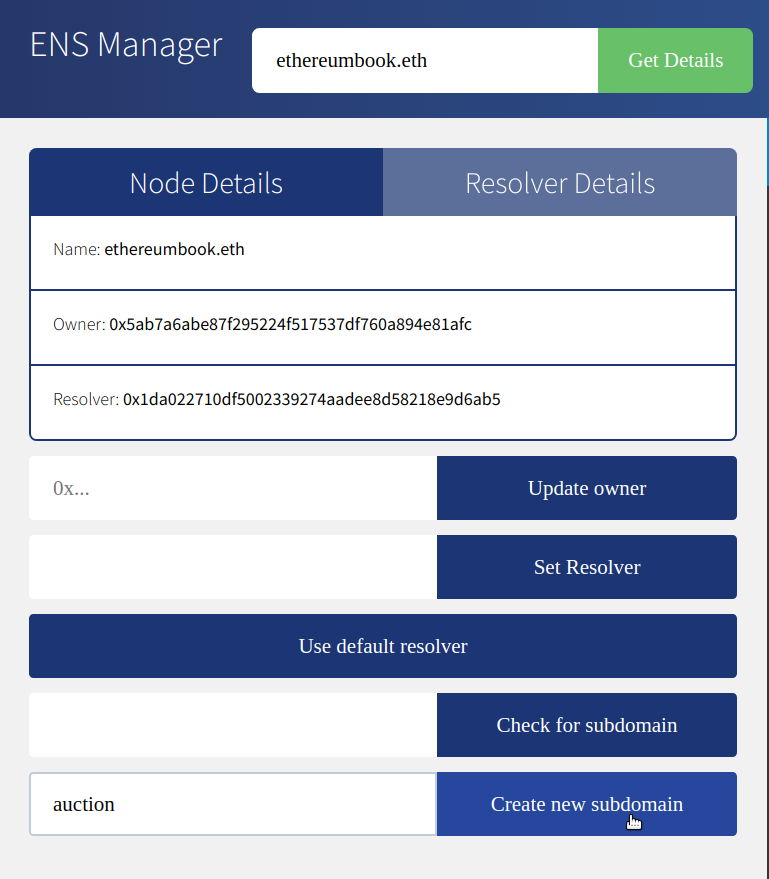 Adding the subdomain auction.ethereumbook.eth