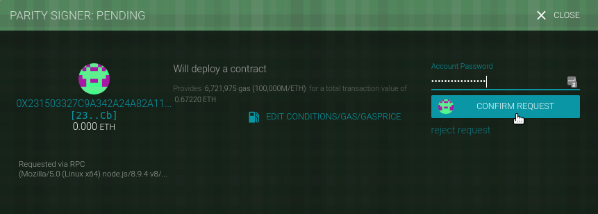 Parity asking for confirmation to deploy Faucet