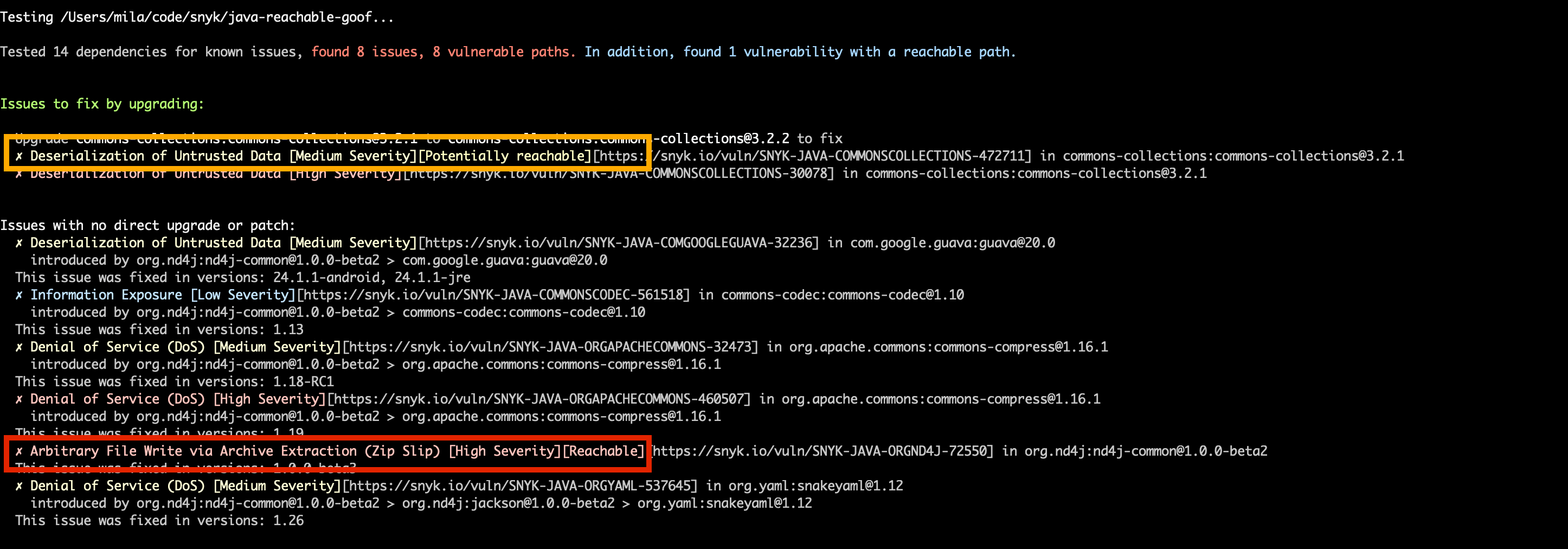 Snyk CLI Reachable Vulnerabilities