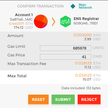 MetaMask transaction containing your bid