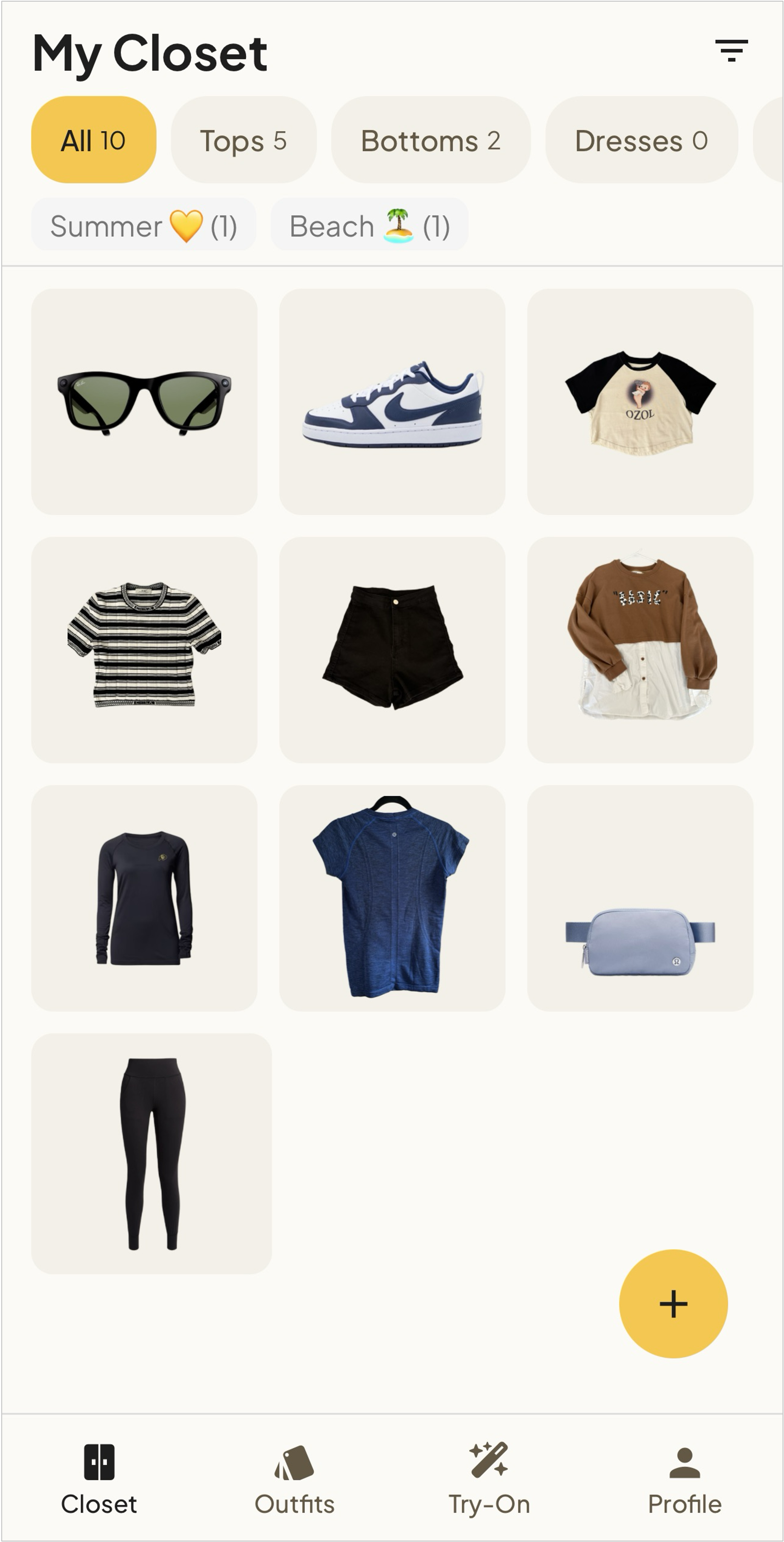 All Clothing Items screen