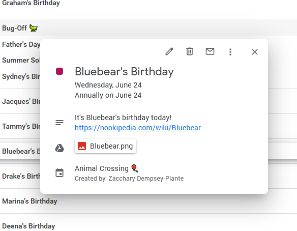 A screenshot of Bluebear's birthday on June 24th