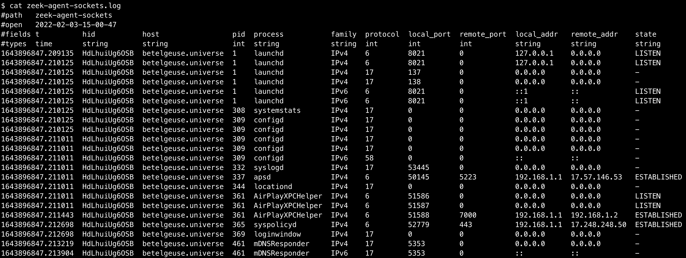 Zeek Agent log example