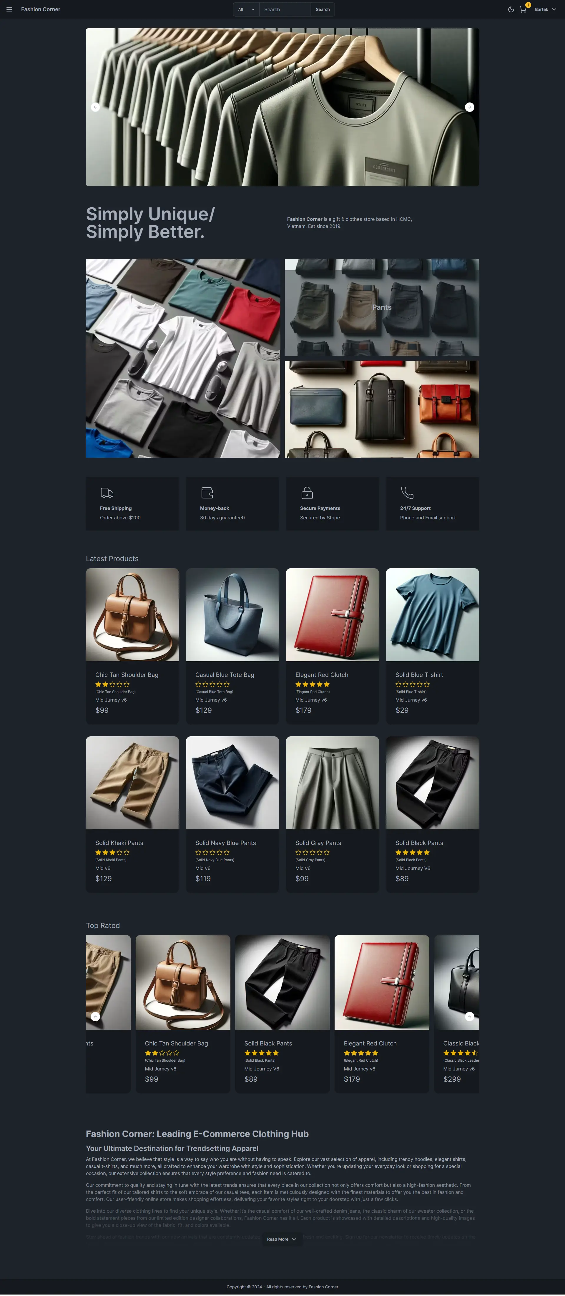 Next.js 14 Fullstack Ecommerce App - Home page dark mode